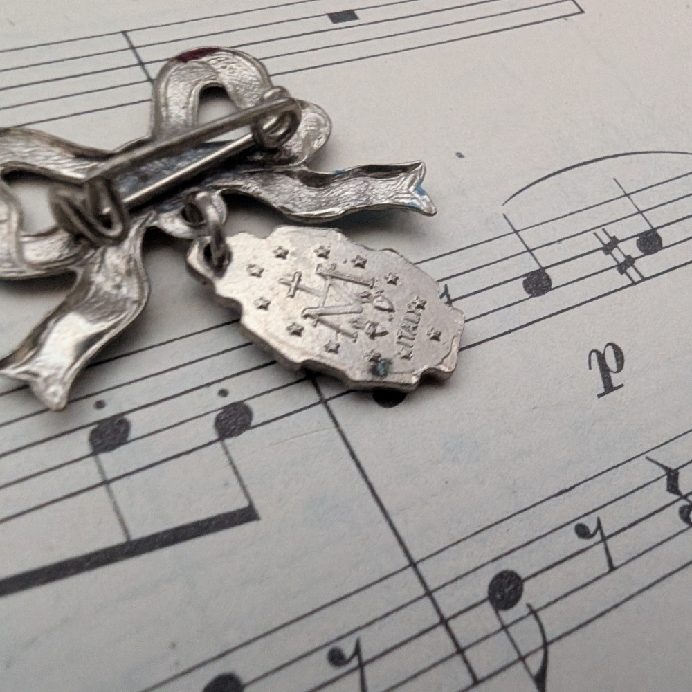 Vintage Religious Blue and Silver Bow Brooch with Pendant - Picture 5 of 7